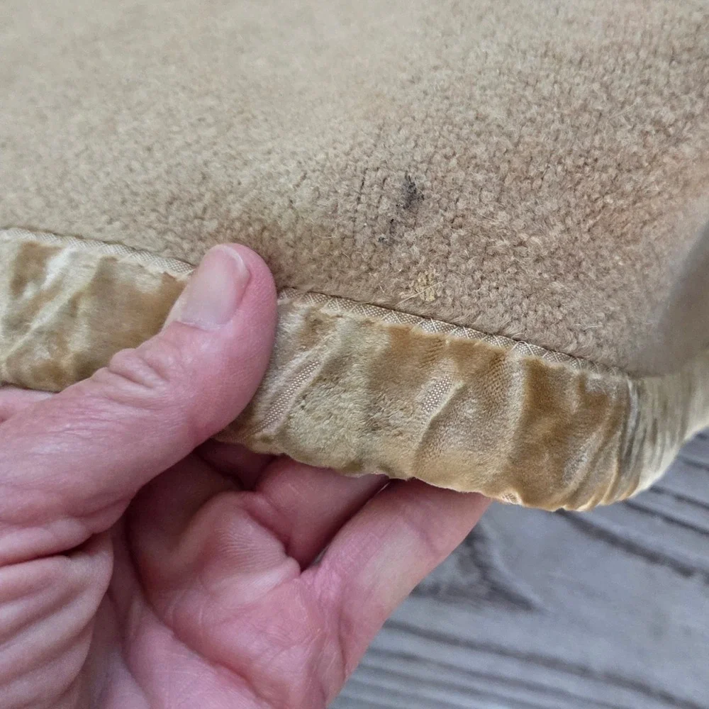 Vintage Camel Tan Wool Blend Blanket Velvet Binding Trim Oversized 94x84 Rustic